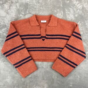 Butter Melon Burnt Orange Navy Striped Cropped Polo Sweater V-Neck Large